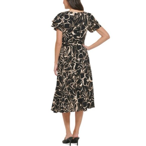 DKNY A Line Dress 8 Short Flutter Sleeve Flowy Black Brown Tan Washable NEW - Picture 15 of 16